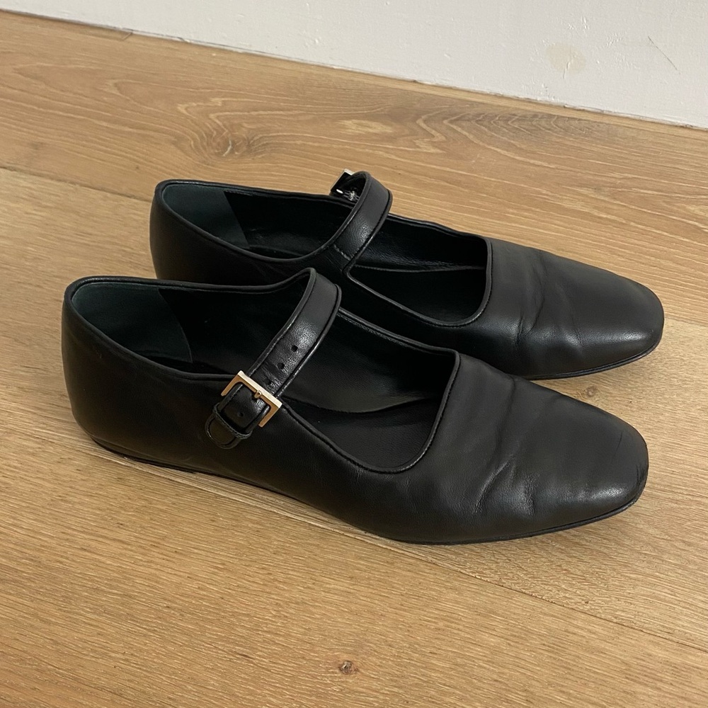 The Row Ava Black Leather Mary Jane Flats